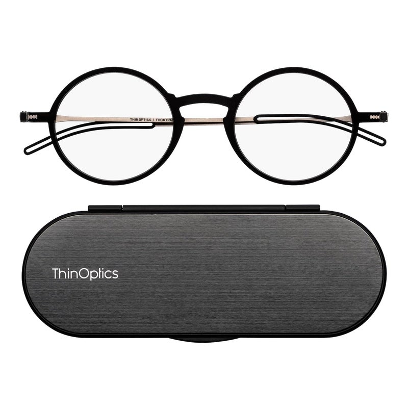 ThinOptics Manhattan Reading Glasses 2.00 Round Black Frames With Milano Magnetic Case - Thin Lightweight Compact Readers 2.00 Strength